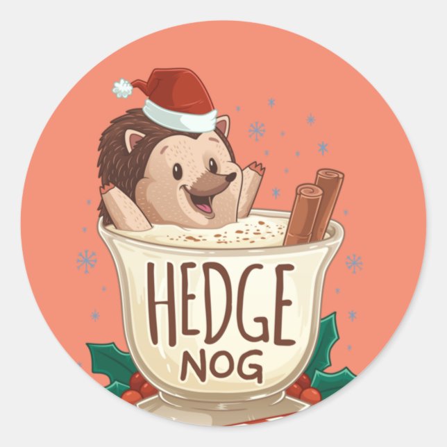 Pegatina Redonda Graciosos Navidades de Nog Hedgehog Eggnog (Anverso)