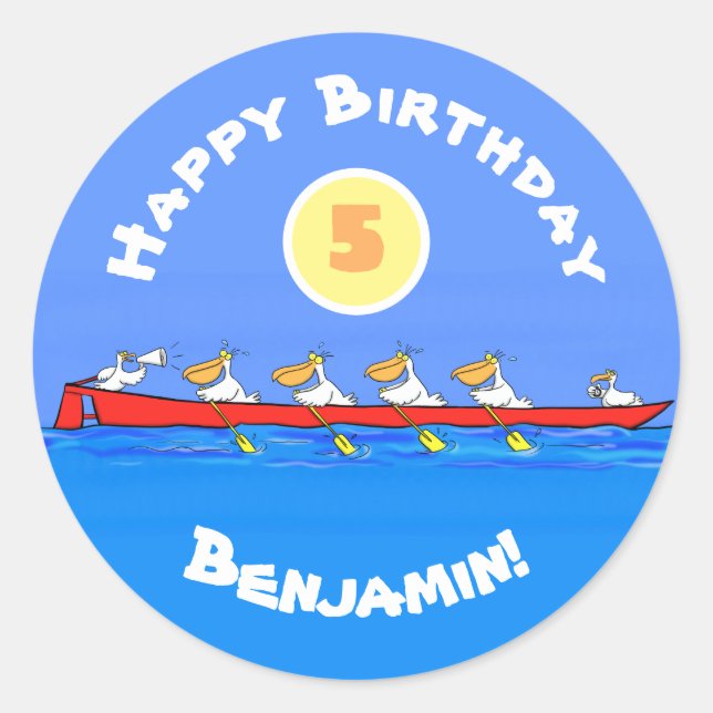 Pegatina Redonda Graciosos pelícanos remando ilustracion personaliz (Anverso)