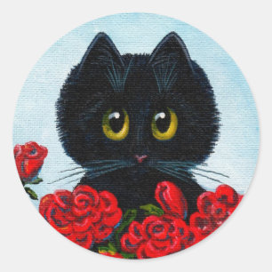 Pegatina Redonda Graciosos Rosas de arte de gato negro Creationarts