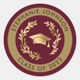 Pegatina Redonda Grad Cap y Wreath Maroon Gold Class de 2025