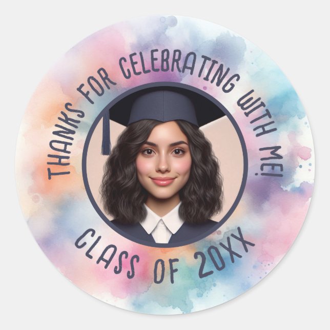 Pegatina Redonda Grad Foto Añadir nombre clase año gracias acuarela (Anverso)
