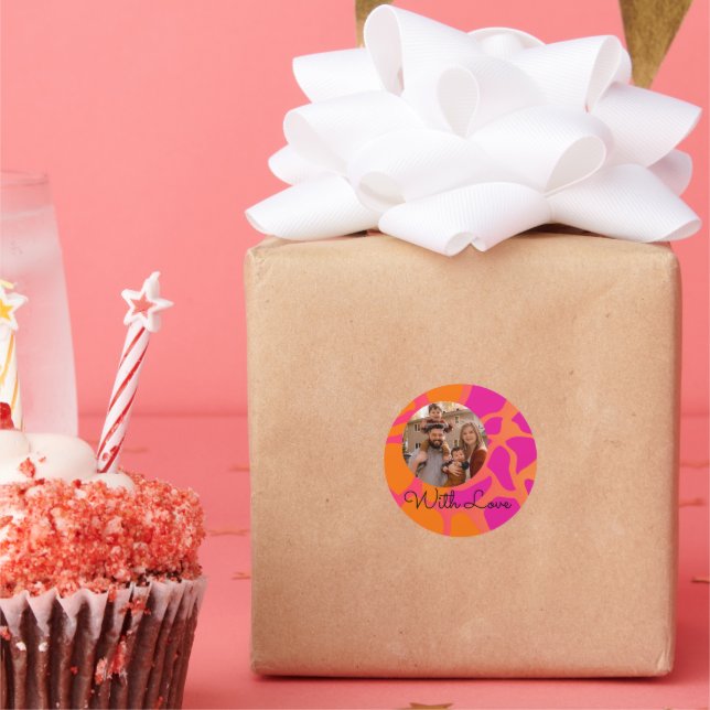 Pegatina Redonda Gradiente de naranja y rosa caliente con amor (Fiesta)
