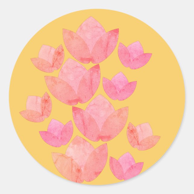 Pegatina Redonda Gradiente ilusima Flores de Loto Rosadas Amarillas (Anverso)