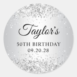 Pegatina Redonda Gradiente plateado Purpurinoso 50 cumpleaños