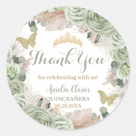 Pegatina Redonda Grado Boho Quinceañera Sage Green Floral Pampas