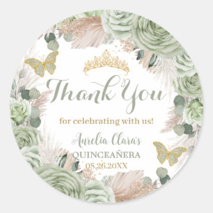 Pegatina Redonda Grado Boho Quinceañera Sage Green Floral Pampas