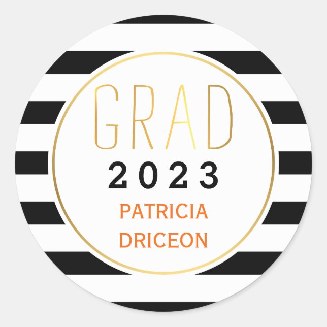 Pegatina Redonda Grado de rayas blancas negras 2016 graduación de m (Anverso)