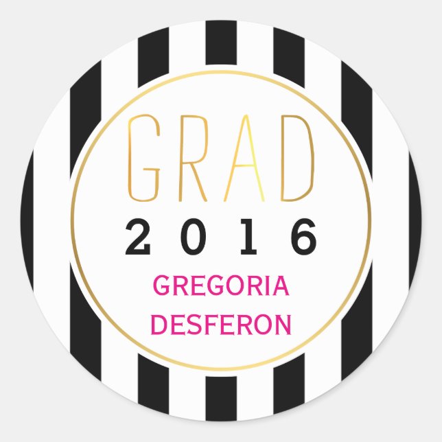 Pegatina Redonda Grado de rayas blancas negras 2016 graduación mode (Anverso)