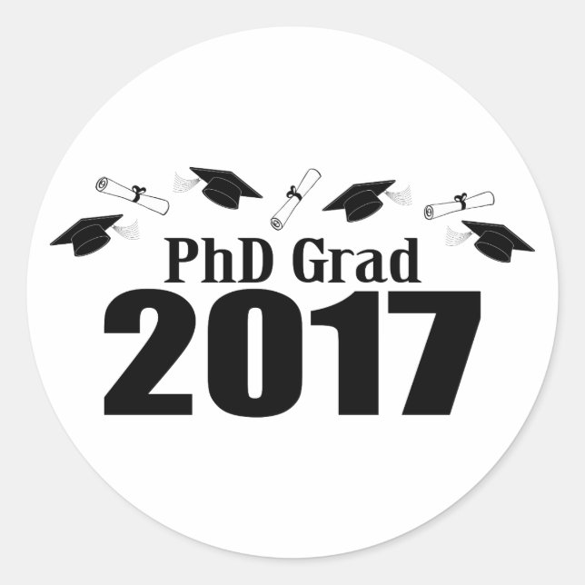 Pegatina Redonda Grado PhD 2017 Caps Y Diplomas (Negro) (Anverso)