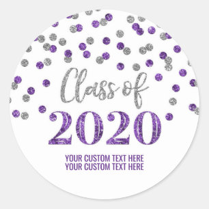 Pegatina Redonda Graduación 2020 de Confetti Purpurina de Plata Púr