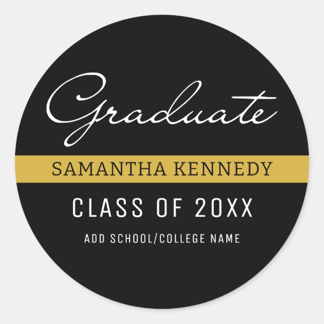 Pegatina Redonda Graduación 2025 Moderna en Negro y Dorado   (Anverso)