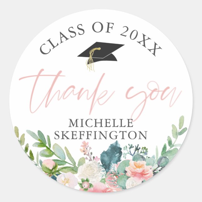 Pegatina Redonda Graduación acuarela Rubor Floral rosa Gracias (Anverso)