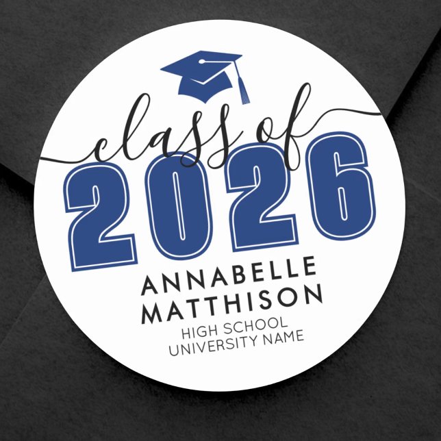 Pegatina Redonda Graduación Azul (Graduate Class Of 2026 Blue Graduation Classic Round Sticker)