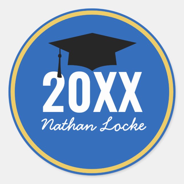 Pegatina Redonda Graduación azul negrita Grad Royal (Anverso)