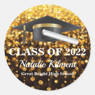 Pegatina Redonda Graduación Cap Black and Gold Class de 2022