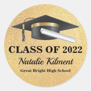 Pegatina Redonda Graduación Cap Black and Gold Class de 2022