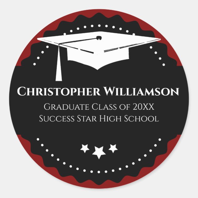 Pegatina Redonda Graduación Cap Escuela Moderna Negro Rojo (Anverso)