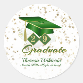 Pegatina Redonda Graduación Cap Green Gold Stars Personalizado