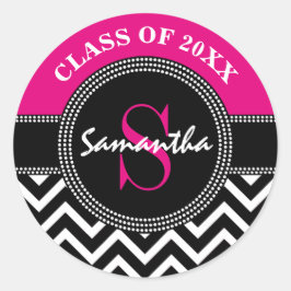 Pegatina Redonda Graduación Chevron Monograma Rosa caliente y Negro