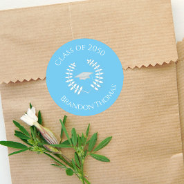 Pegatina Redonda Graduación Clásica Moderna Laurel Luz Azul