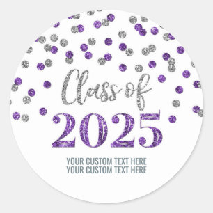 Pegatina Redonda Graduación Confeti Morado Plateado 2025