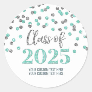 Pegatina Redonda Graduación Confeti Turquesa Plateado 2025
