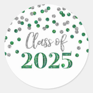 Pegatina Redonda Graduación Confeti Verde Plata 2025