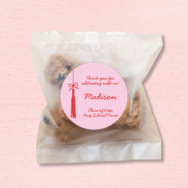 Pegatina Redonda Graduación Coquette Bow Grad Tassel Rojo Rosa 2025