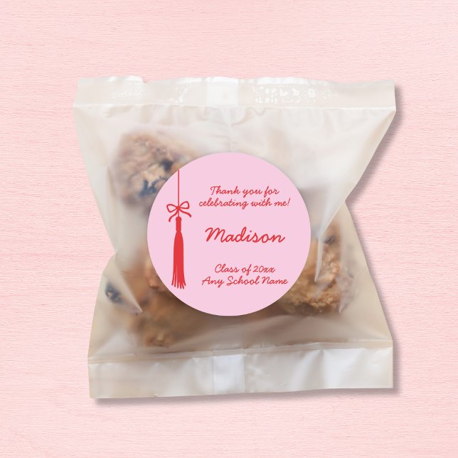 Pegatina Redonda Graduación Coquette Bow Grad Tassel Rojo Rosa 2025 (Coquette Bow Grad Tassel Pink Red 2025 Graduation Classic Round Sticker)