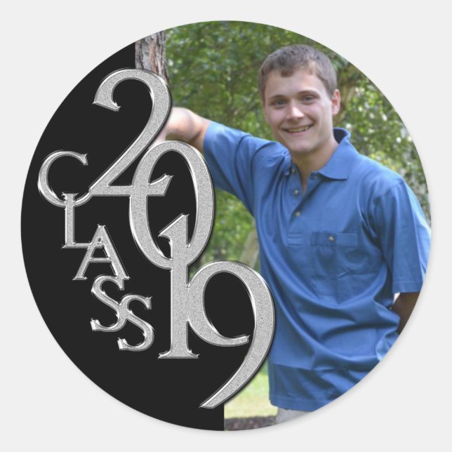 Pegatina Redonda Graduación de 2019 Fotografía en negro y plateado (Anverso)