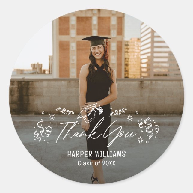 Pegatina Redonda Graduación de Artsy Doodles Gracias Pegatinas (Anverso)