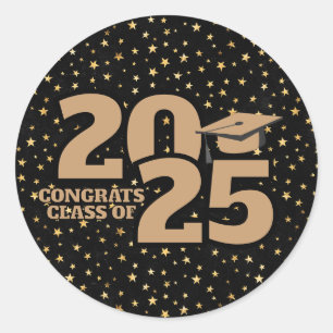 Pegatina Redonda Graduación de Black and Gold Stars 2025