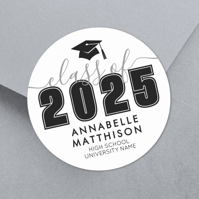 Pegatina Redonda Graduación de Blanco y Negro (Graduate Black White Graduation Classic Round Sticker)