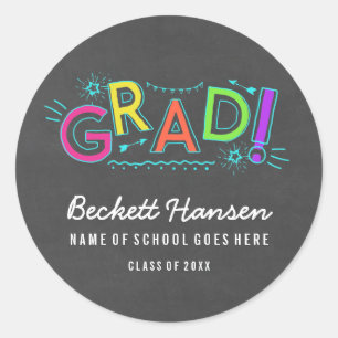 Pegatina Redonda Graduación de Chalkboard Retro Neon Doodles