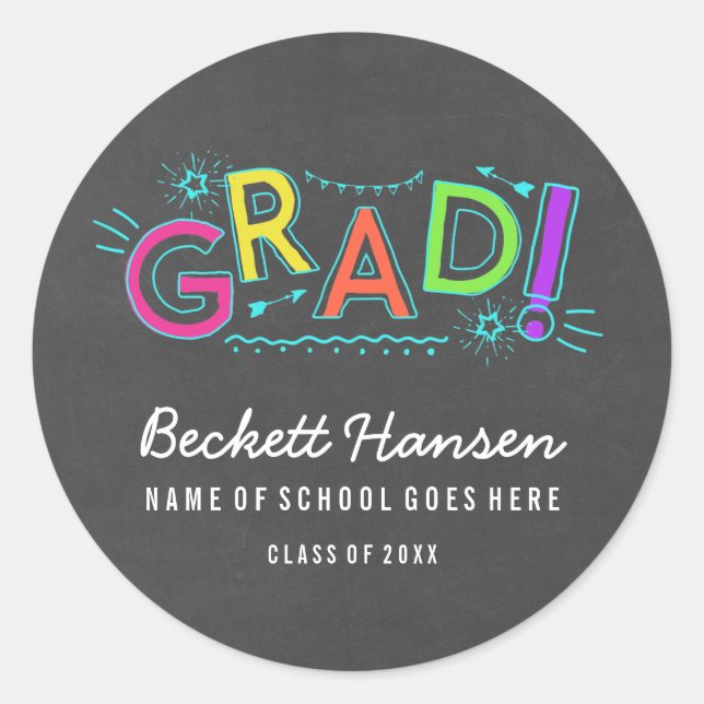 Pegatina Redonda Graduación de Chalkboard Retro Neon Doodles (Anverso)