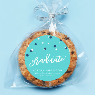 Pegatina Redonda Graduación de Confetti azul turquesa