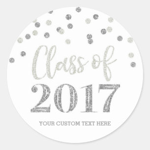 Pegatina Redonda Graduación de Confetti Purpurina Plata 2017