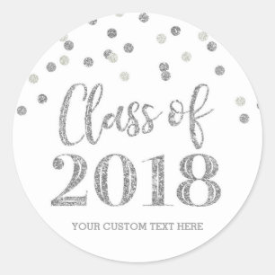 Pegatina Redonda Graduación de Confetti Purpurina Plata 2018