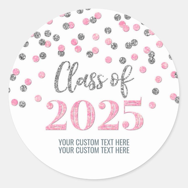 Pegatina Redonda Graduación de Confetti rosado plateado 2025 (Anverso)