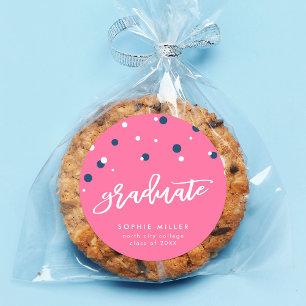 Pegatina Redonda Graduación de Graduado de Confetti Azul Rosa