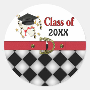 Pegatina Redonda Graduación de Mortero Negro y Diploma