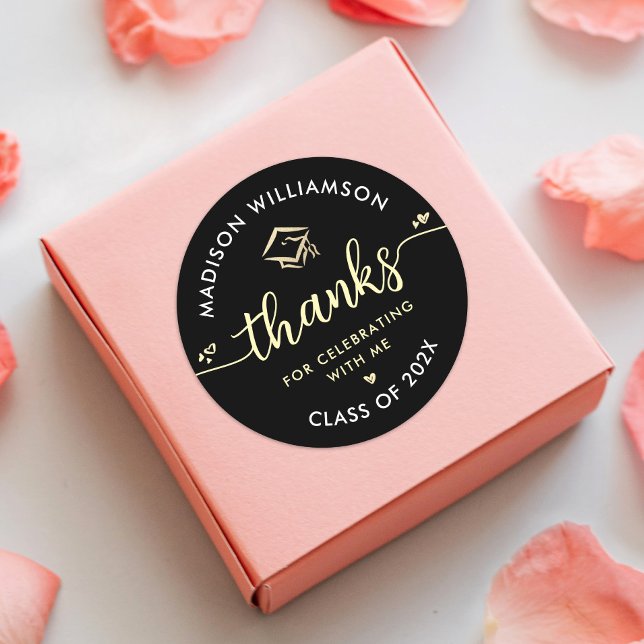 Pegatina Redonda Graduación de oro negro Moderno Gracias Tapa de gu (Subido por el creador)