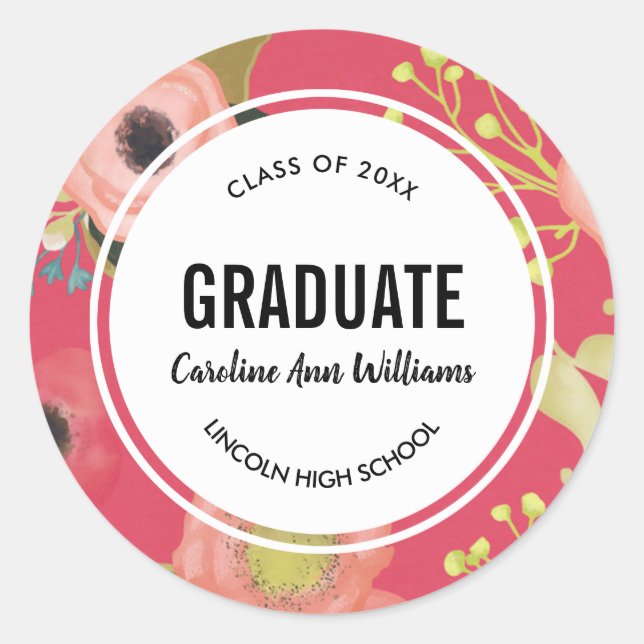 Pegatina Redonda Graduación del patrón floral moderno (Anverso)