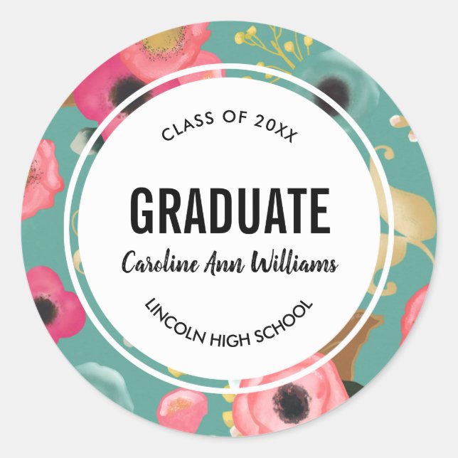 Pegatina Redonda Graduación del patrón floral moderno (Anverso)