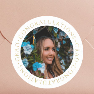 Pegatina Redonda Graduación Elegante Oro Foto Personalizada