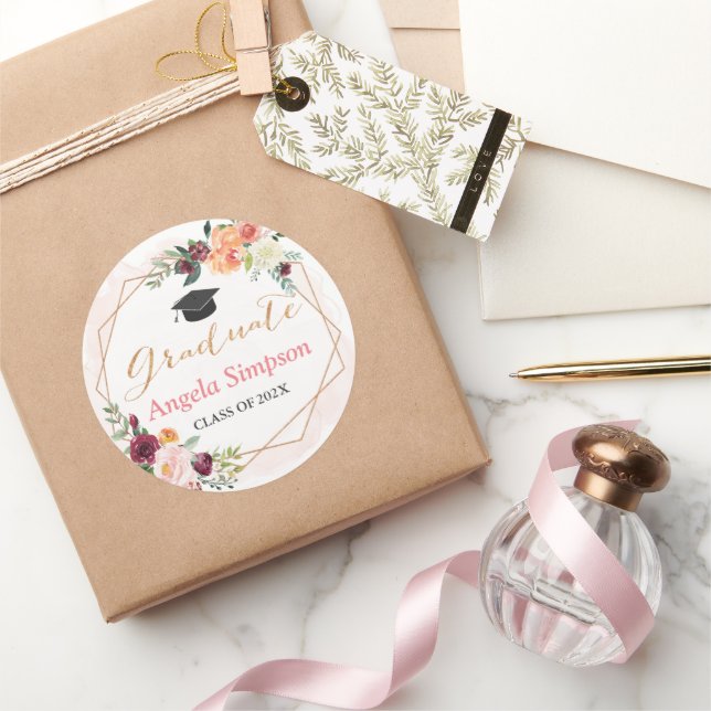 Pegatina Redonda Graduación floral de marco geométrico Gracias (Regalar)