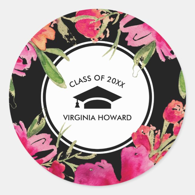 Pegatina Redonda Graduación floral negra de Fuchsia (Anverso)