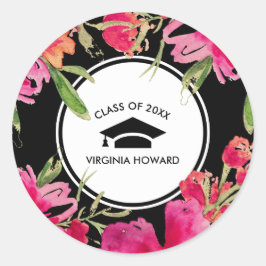Pegatina Redonda Graduación floral negra de Fuchsia