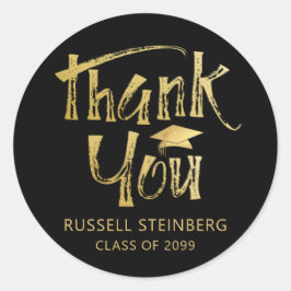 Pegatina Redonda Graduación Gracias Faux Gold Brushkes Cap