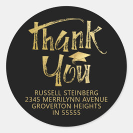 Pegatina Redonda Graduación Gracias Faux Gold Brushkes Cap